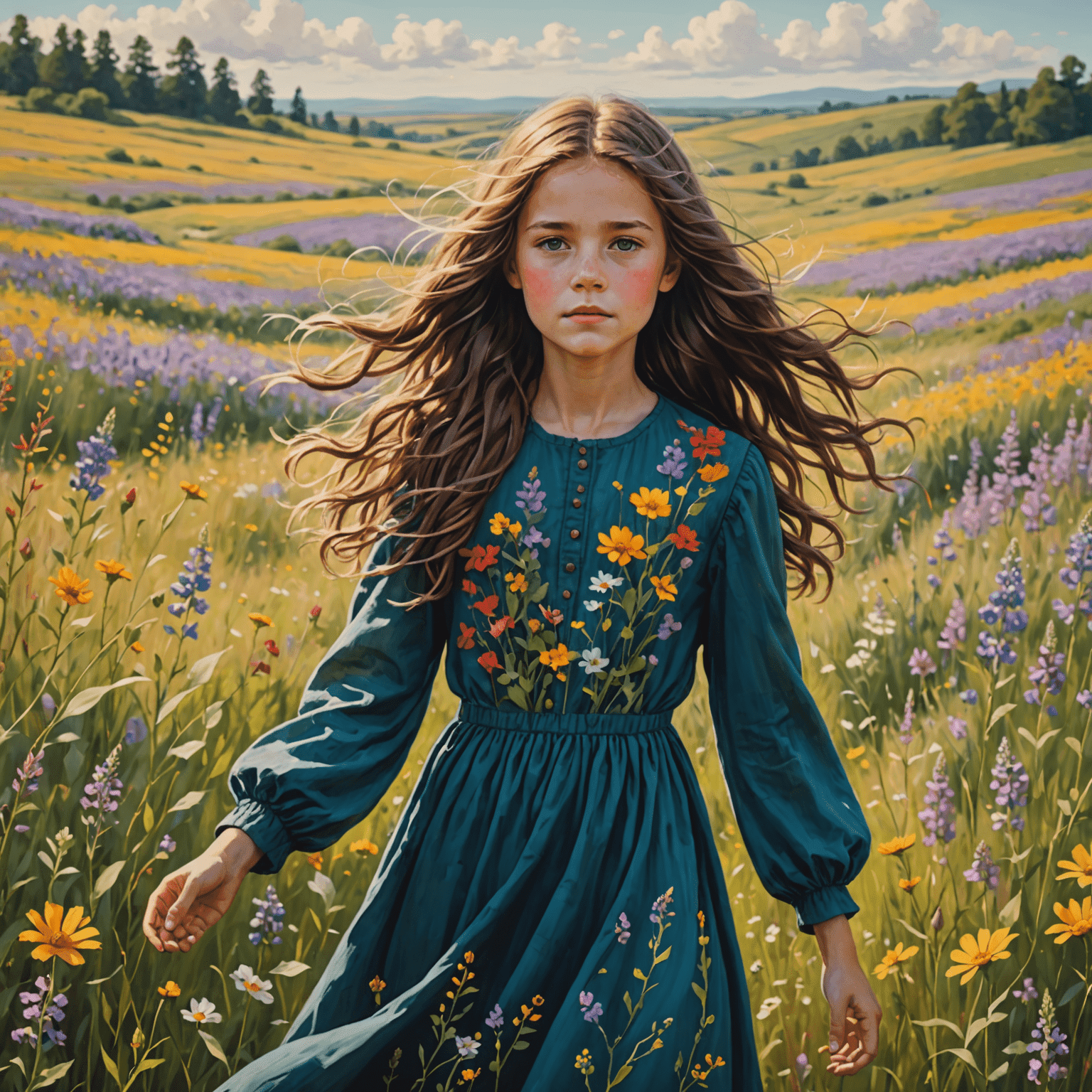 A scene from 'Whispers of the Wind' showing a young girl with flowing hair standing in a field of wildflowers, her dress and hair moving in the breeze. The art style is reminiscent of hand-drawn 2D animation with vibrant colors and soft textures.