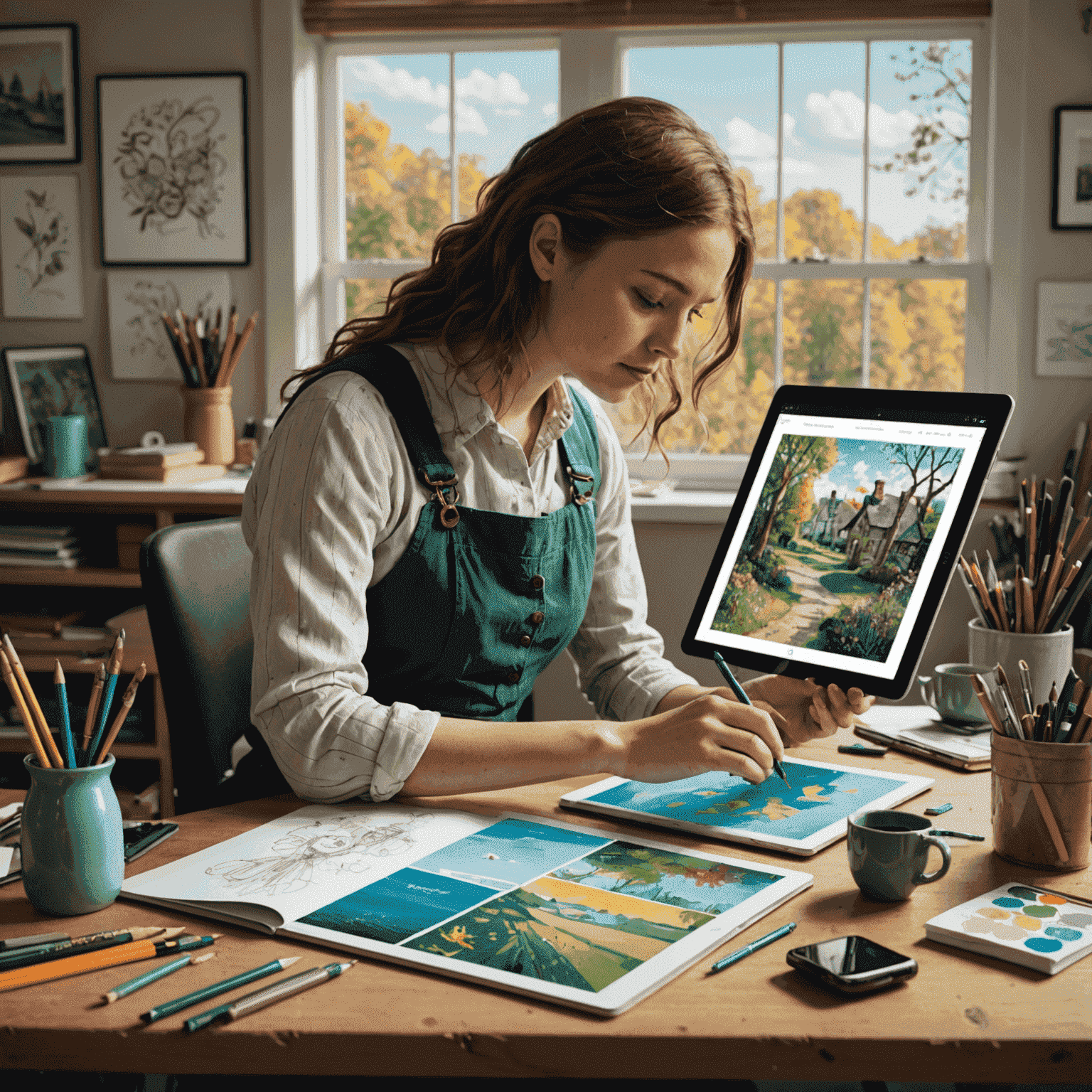 Emma Thornberry working on her tablet, using FlipaClip to animate a scene from 'Whispers of the Wind'. The image shows her workspace with sketches and color palettes surrounding her.