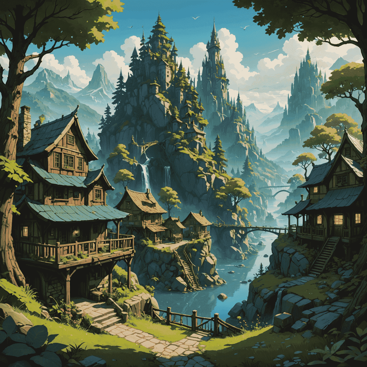 Detailed 2D background art showcasing various environments like cityscapes, forests, and fantastical landscapes